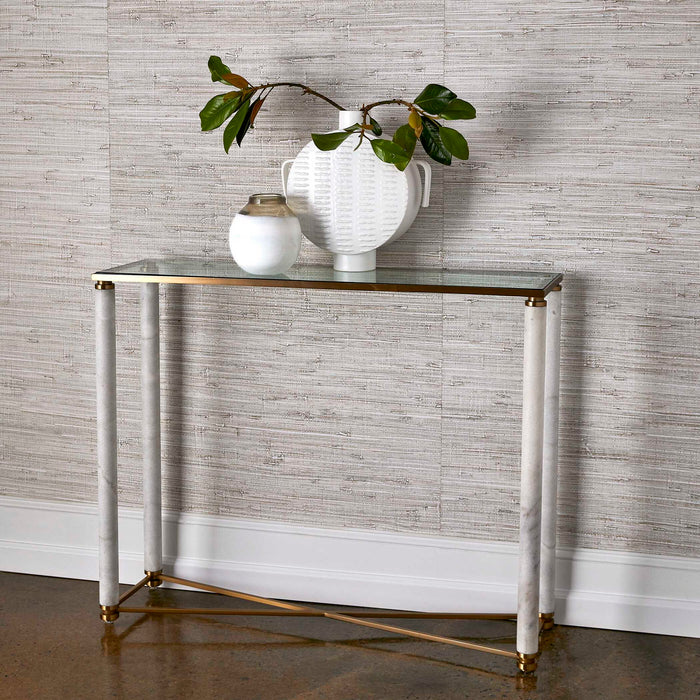 White - Pillar Console Table - Brass / White