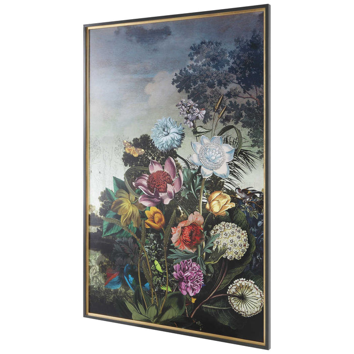 Tranquil Garden Fantasy - Framed Print - Blue / Gold / Gray