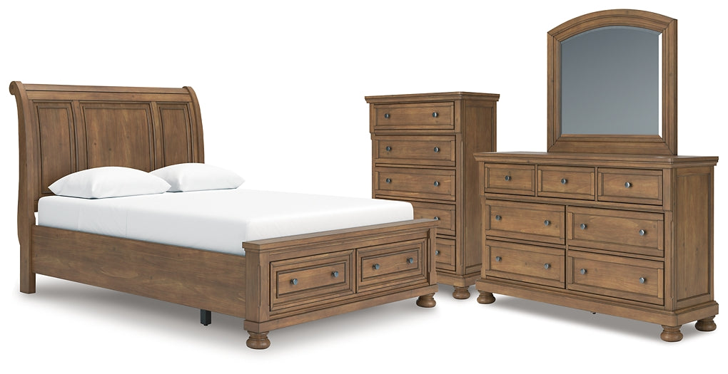 Feddinger Queen Storage Sleigh Bed with Mirrored Dresser and Chest