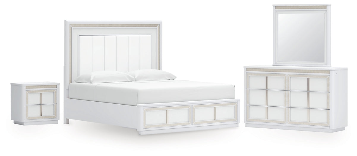 Chalanna King Upholstered Storage Bed with Mirrored Dresser and Nightstand