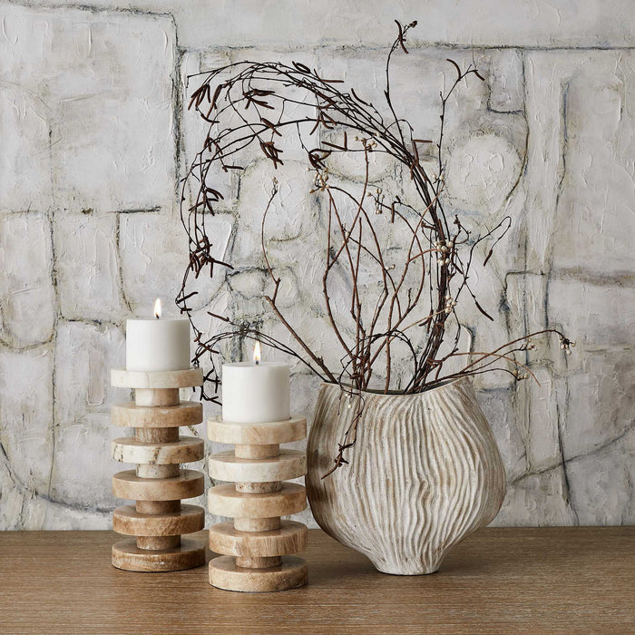 Emora - Pillar Candleholders (Set of 2) - Brown / White