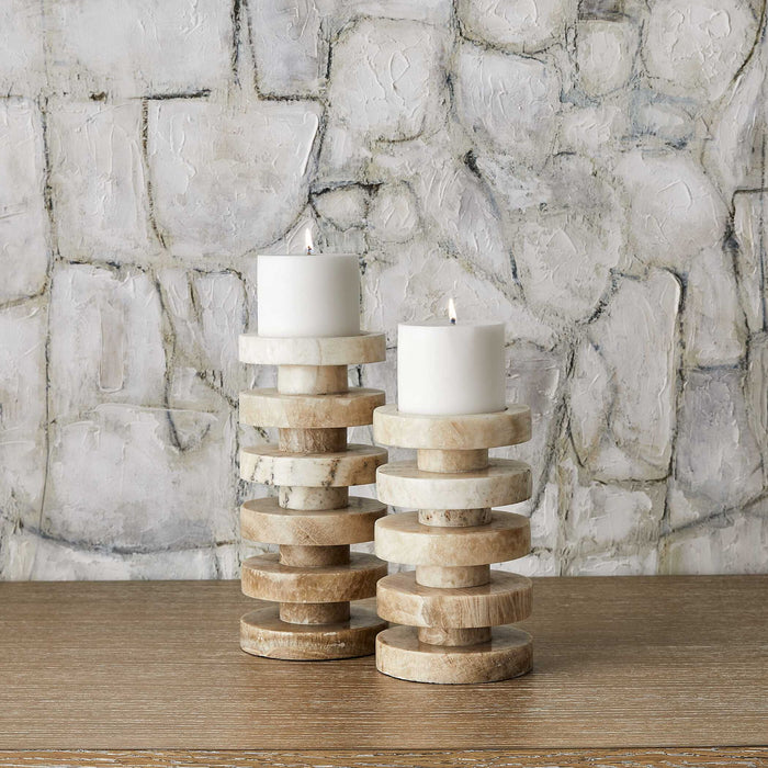Emora - Pillar Candleholders (Set of 2) - Brown / White