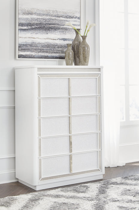 Chalanna Queen Upholstered Storage Bed with Mirrored Dresser and Chest