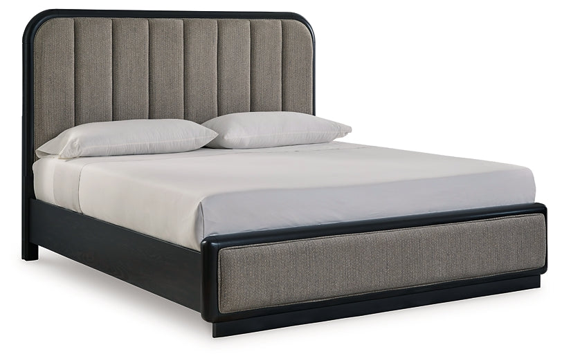 Rowanbeck King Upholstered Panel Bed with Mirrored Dresser, Chest and Nightstand