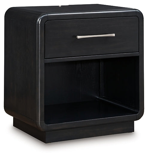 Rowanbeck King Upholstered Panel Bed with Mirrored Dresser, Chest and Nightstand