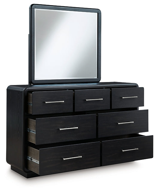 Rowanbeck King Upholstered Panel Bed with Mirrored Dresser and Chest