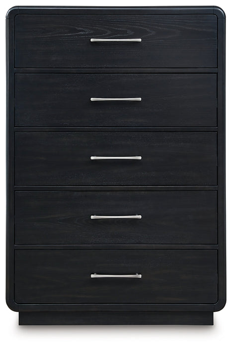 Rowanbeck King Upholstered Panel Bed with Mirrored Dresser and Chest