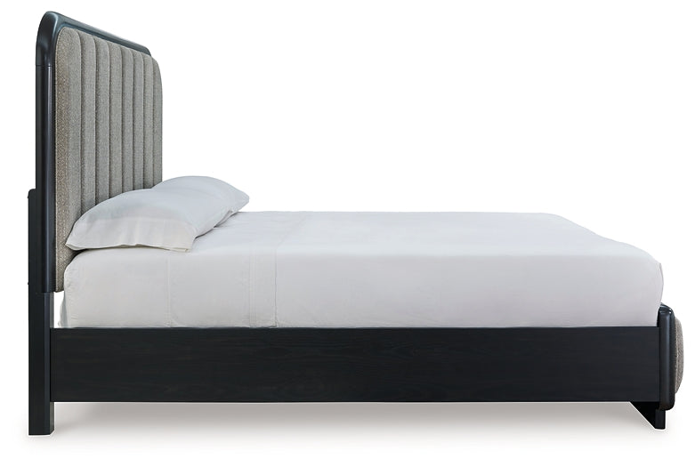 Rowanbeck King Upholstered Panel Bed with Mirrored Dresser and Chest