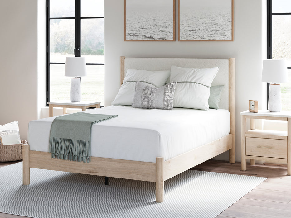 Cadmori Queen Upholstered Panel Bed with Mirrored Dresser and Chest
