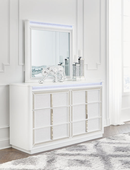 Chalanna King Upholstered Storage Bed with Mirrored Dresser