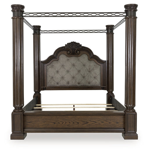 Maylee King Canopy Bed with Mirrored Dresser, Chest and Nightstand