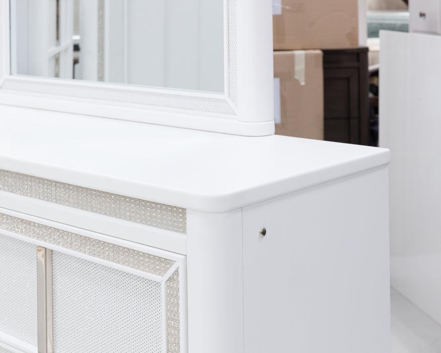 Chalanna California King Upholstered Storage Bed with Mirrored Dresser and Nightstand